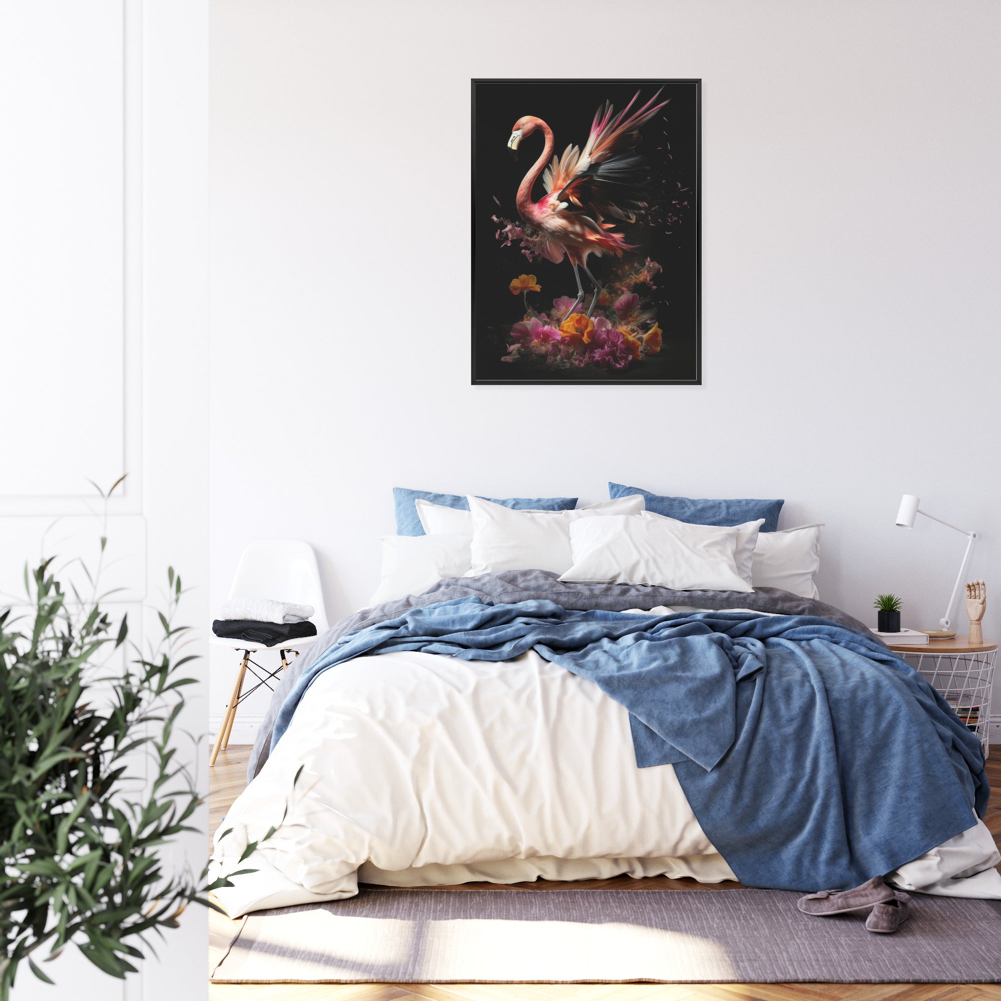 Plakat Flaming Z Kwiatami Na Surrealistycznej Ilustracji