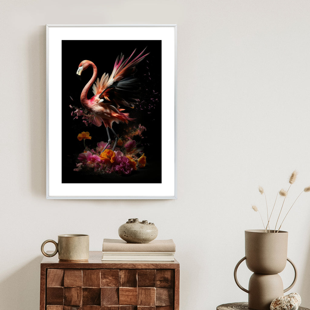 Plakat Flaming Z Kwiatami Na Surrealistycznej Ilustracji
