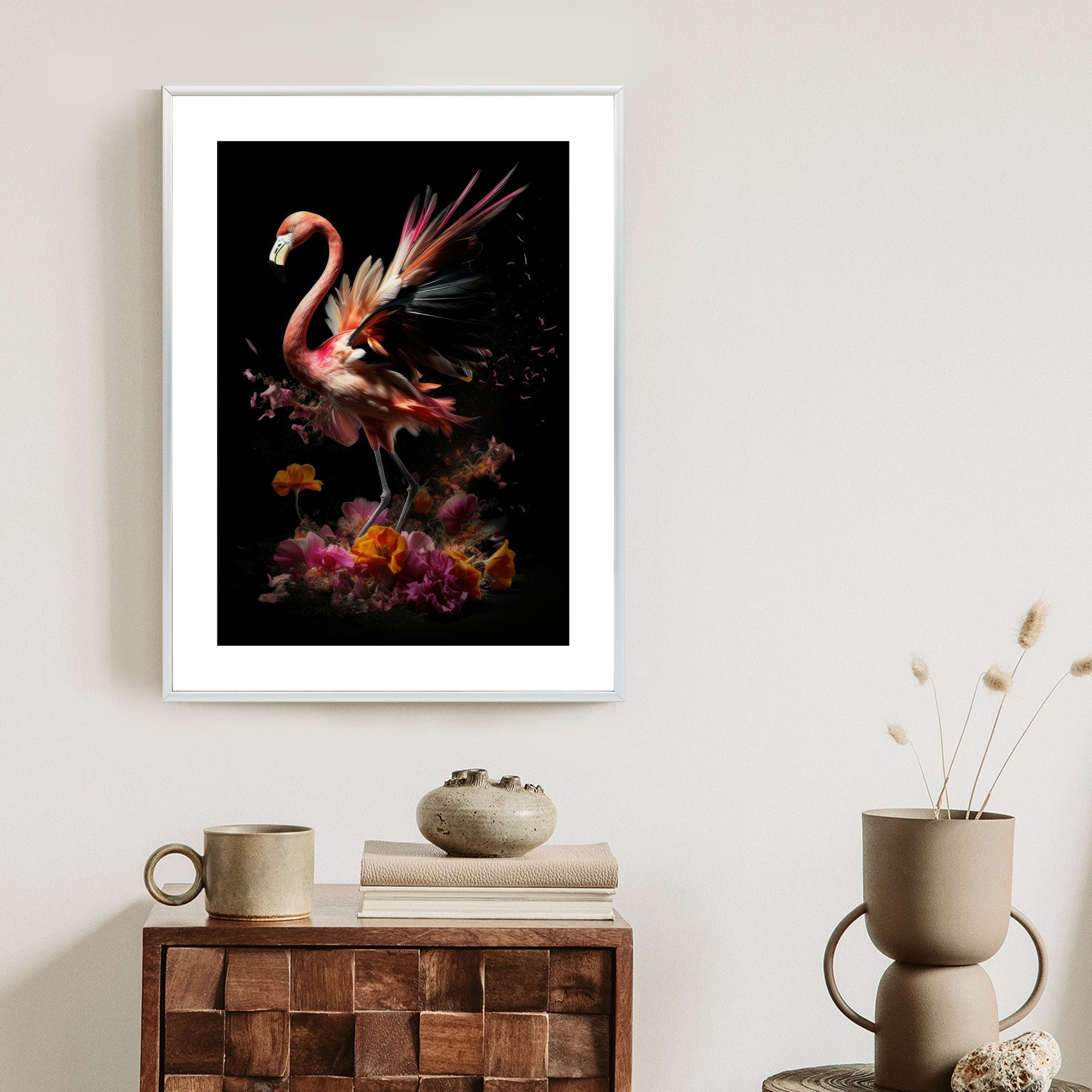 Plakat Flaming Z Kwiatami Na Surrealistycznej Ilustracji