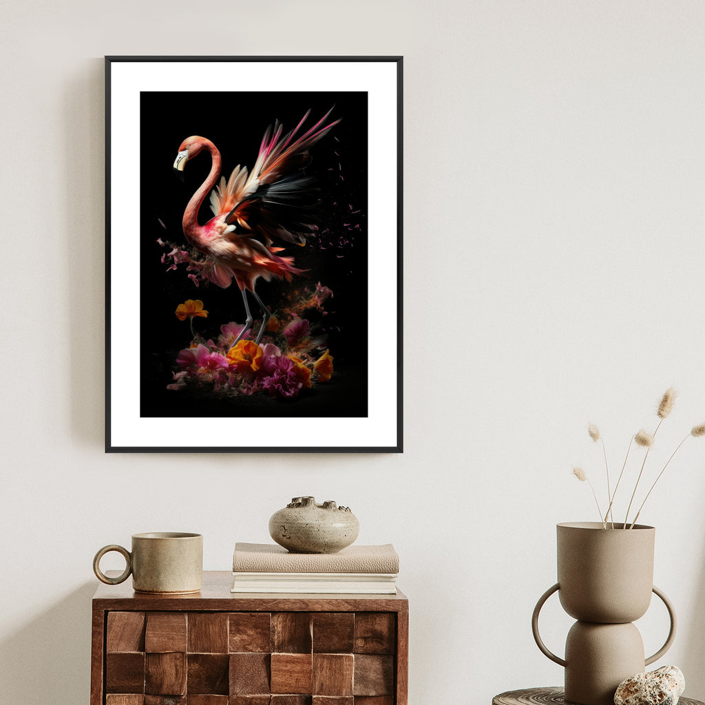 Plakat Flaming Z Kwiatami Na Surrealistycznej Ilustracji