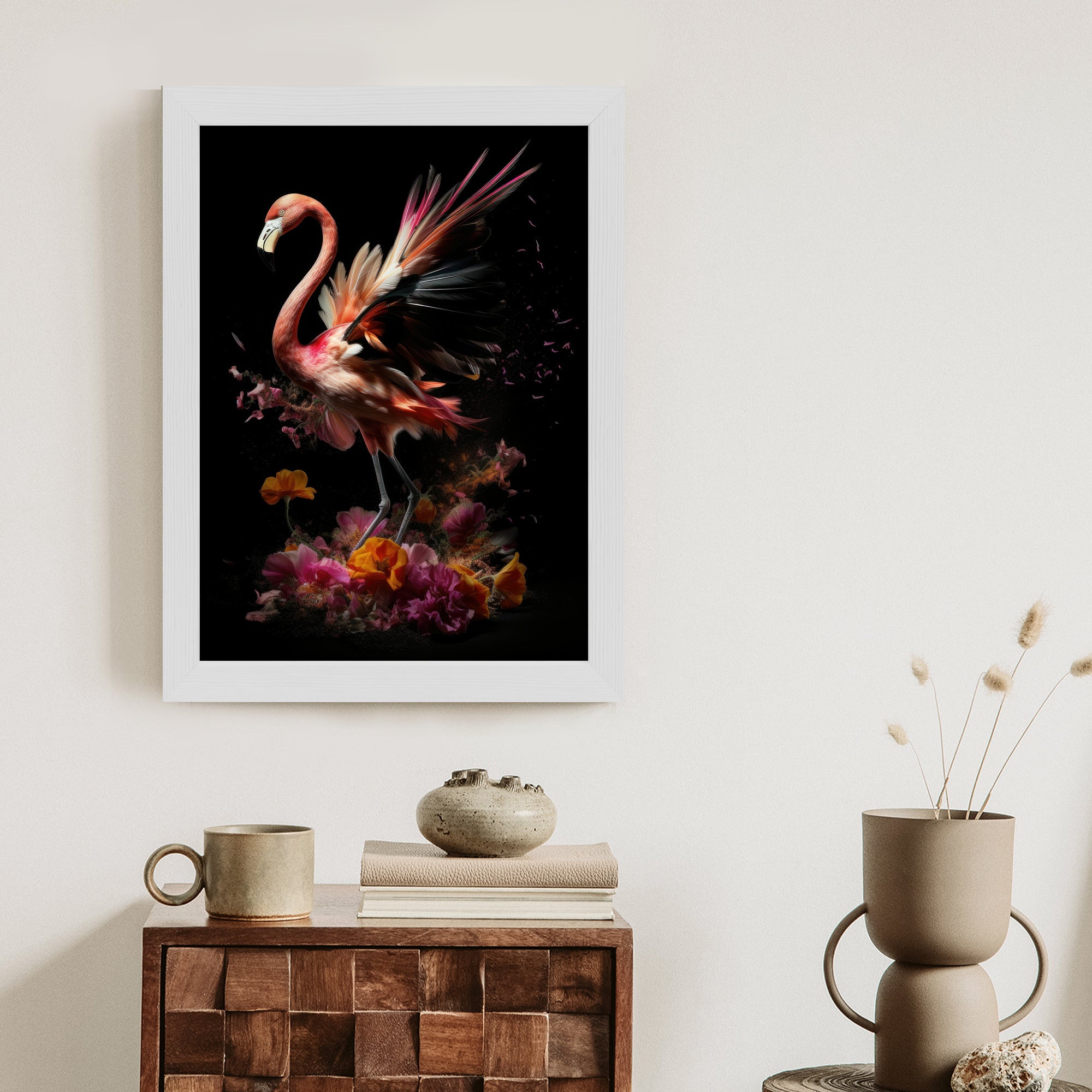 Plakat Flaming Z Kwiatami Na Surrealistycznej Ilustracji
