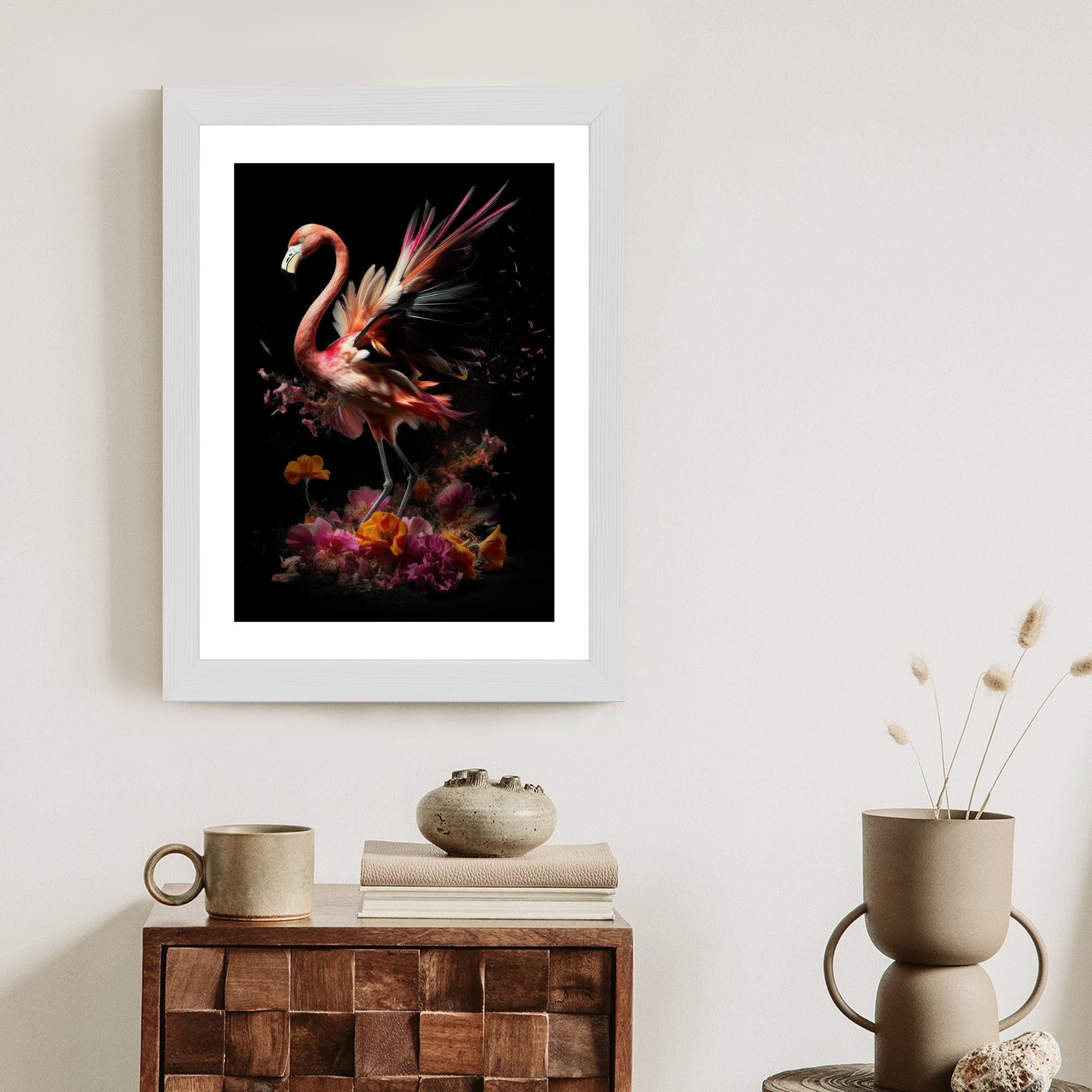 Plakat Flaming Z Kwiatami Na Surrealistycznej Ilustracji