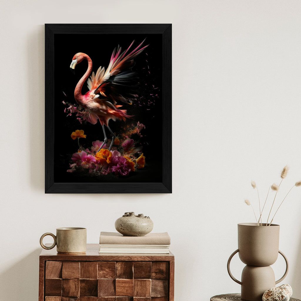 Plakat Flaming Z Kwiatami Na Surrealistycznej Ilustracji