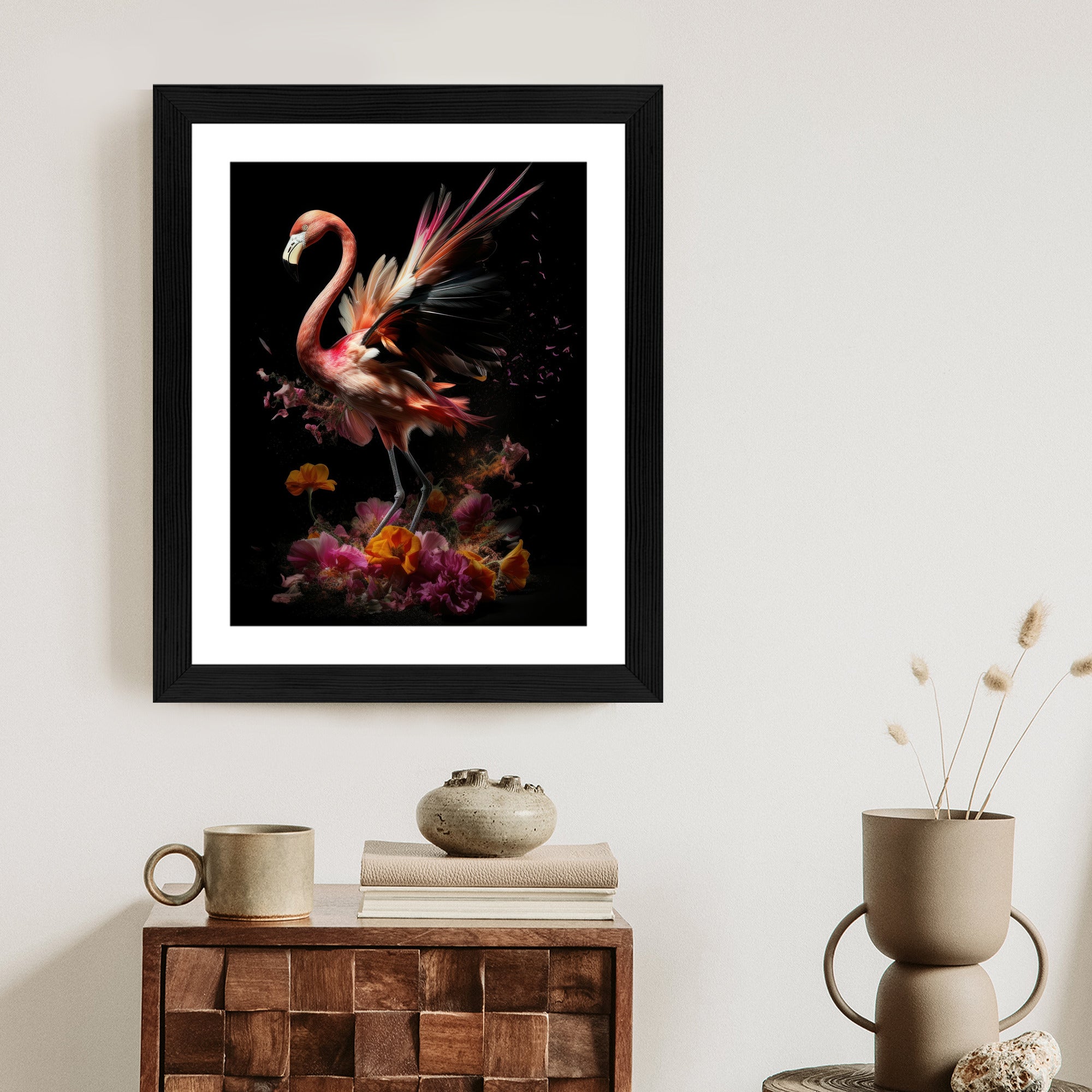 Plakat Flaming Z Kwiatami Na Surrealistycznej Ilustracji
