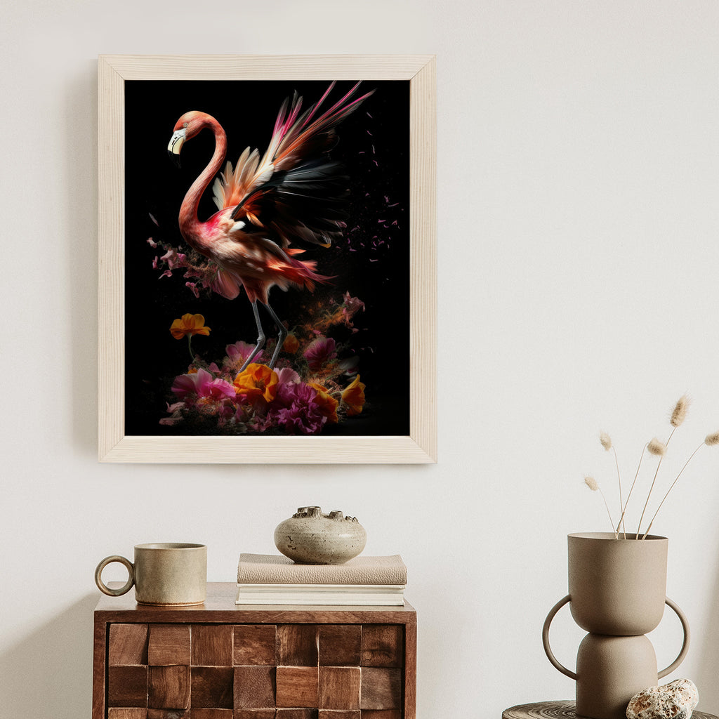 Plakat Flaming Z Kwiatami Na Surrealistycznej Ilustracji
