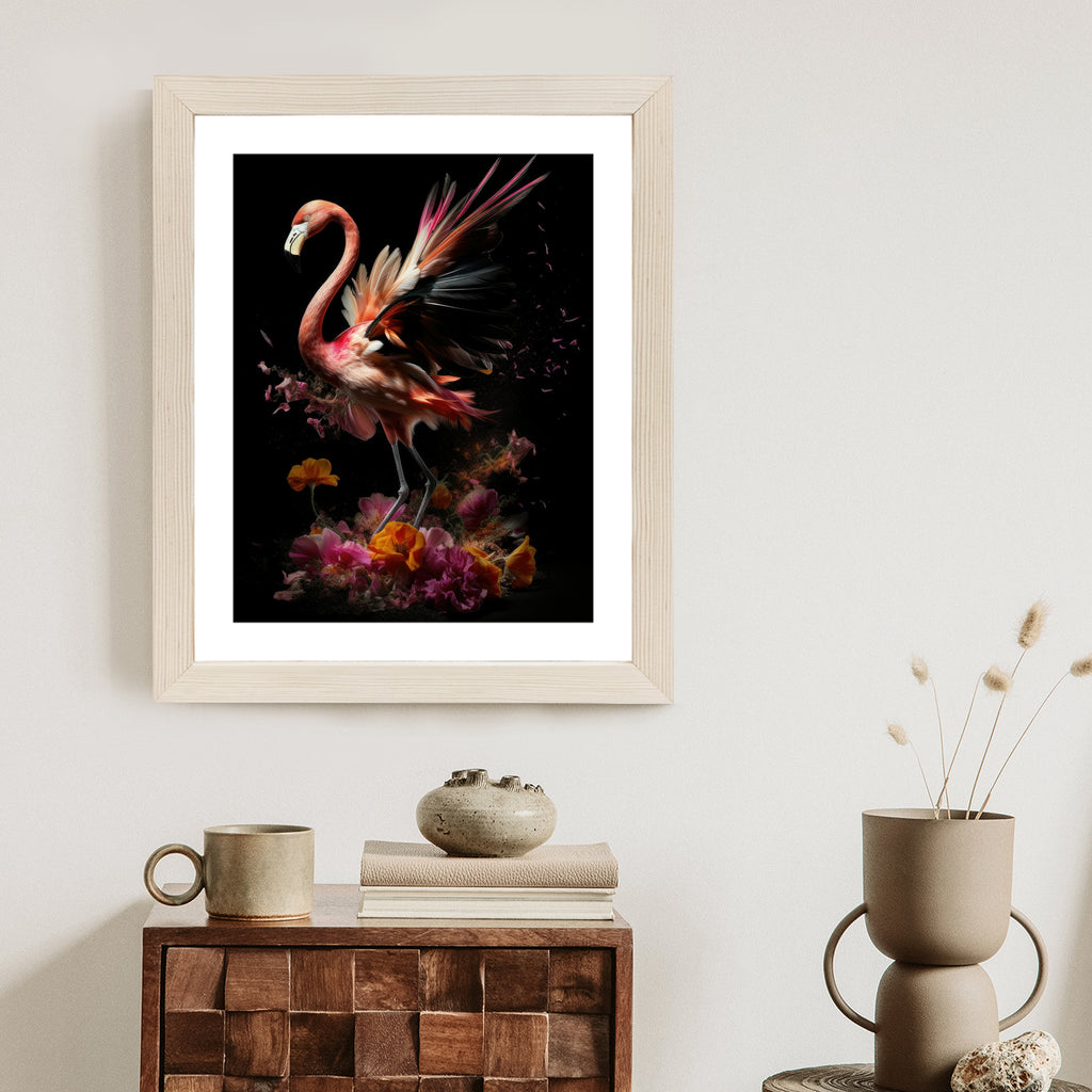 Plakat Flaming Z Kwiatami Na Surrealistycznej Ilustracji