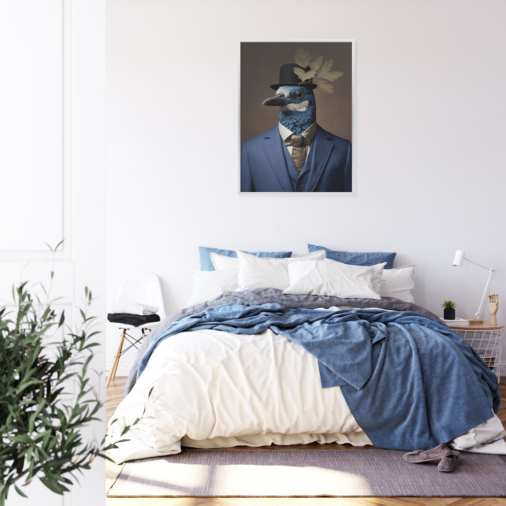 Plakat Ptak W Niebieskim Garniturze Rama Drewniana Z Passe-Partout Kolor Naturalny