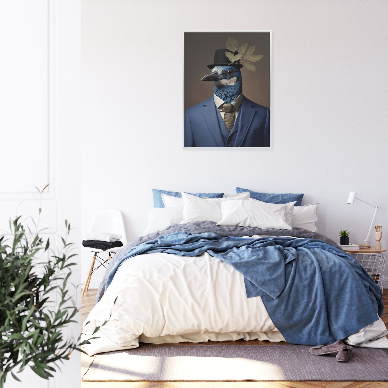 Plakat Ptak W Niebieskim Garniturze Rama Drewniana Z Passe-Partout Kolor Naturalny
