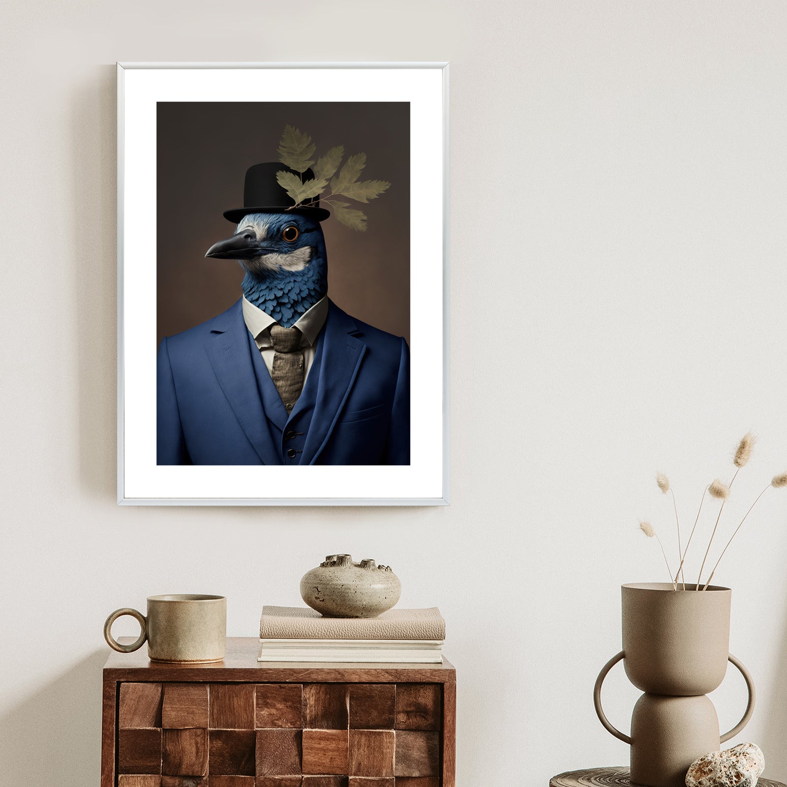 Plakat Ptak W Niebieskim Garniturze Rama Drewniana Z Passe-Partout Kolor Naturalny