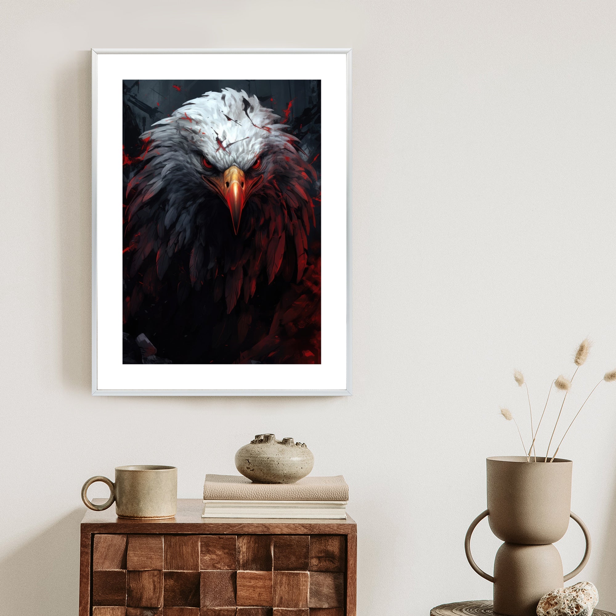 Plakat Orzeł Z Czerwonymi I Czarnymi Piórami Z Groźnym Spojrzeniem Rama Drewniana Z Passe-Partout Kolor Naturalny