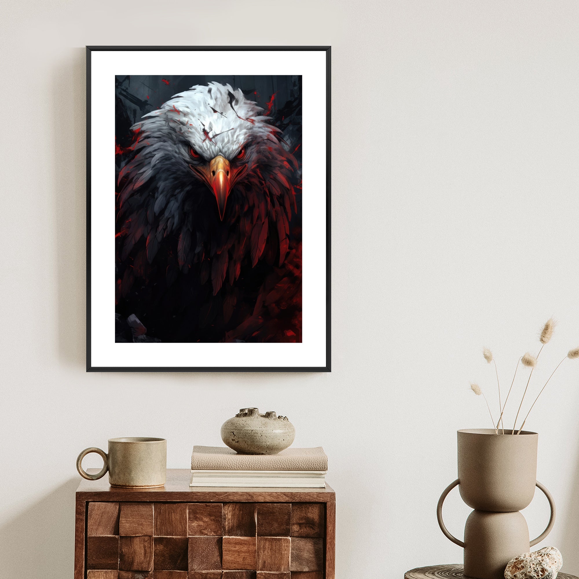 Plakat Orzeł Z Czerwonymi I Czarnymi Piórami Z Groźnym Spojrzeniem Rama Drewniana Z Passe-Partout Kolor Naturalny