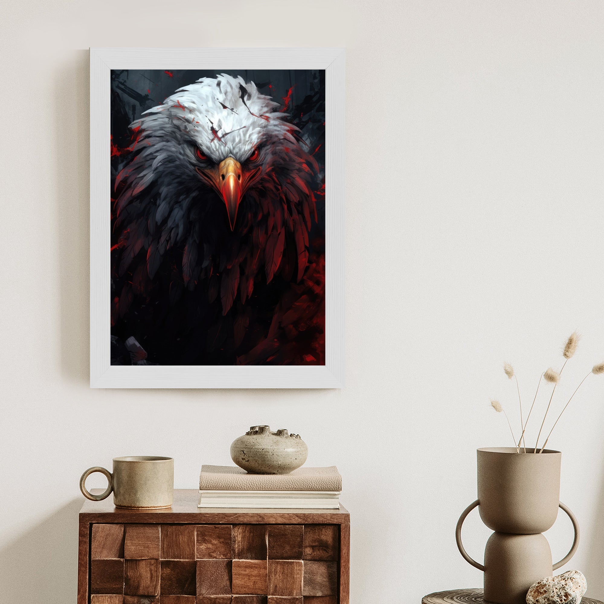 Plakat Orzeł Z Czerwonymi I Czarnymi Piórami Z Groźnym Spojrzeniem Rama Drewniana Z Passe-Partout Kolor Naturalny