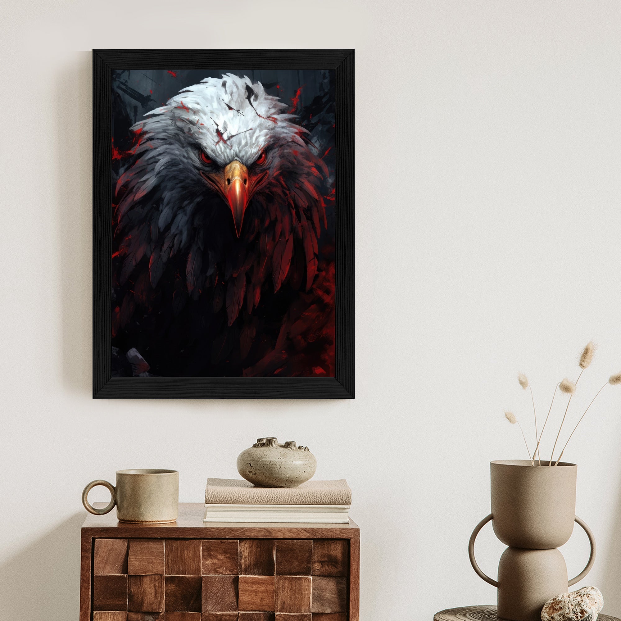 Plakat Orzeł Z Czerwonymi I Czarnymi Piórami Z Groźnym Spojrzeniem Rama Drewniana Z Passe-Partout Kolor Naturalny