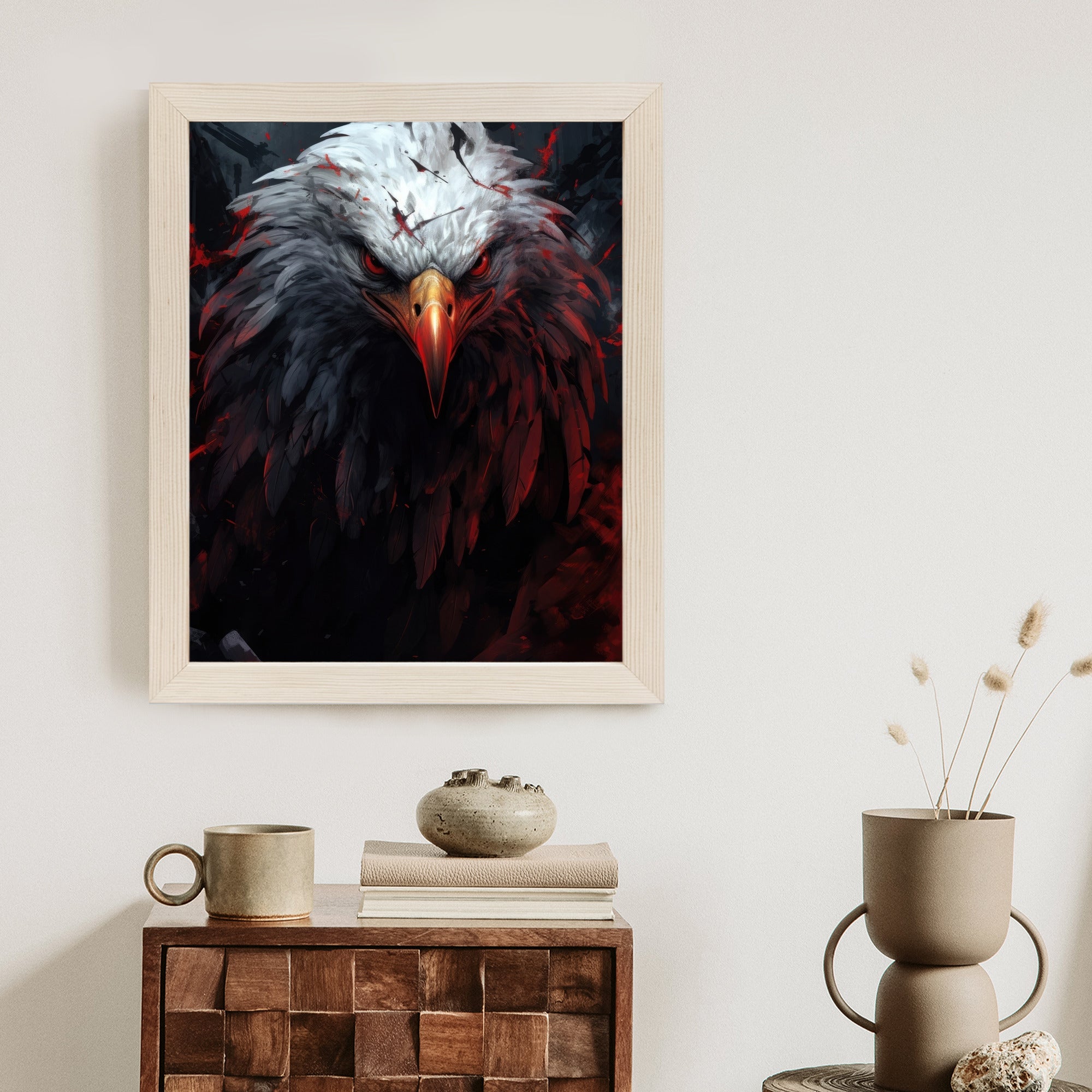 Plakat Orzeł Z Czerwonymi I Czarnymi Piórami Z Groźnym Spojrzeniem Rama Drewniana Z Passe-Partout Kolor Naturalny