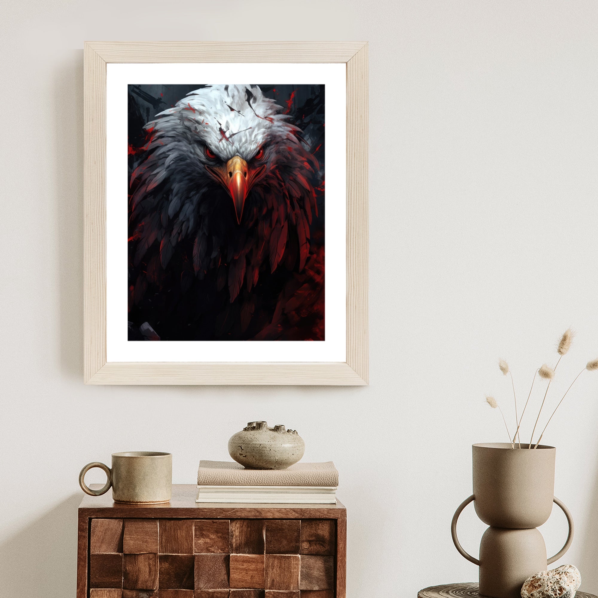 Plakat Orzeł Z Czerwonymi I Czarnymi Piórami Z Groźnym Spojrzeniem Rama Drewniana Z Passe-Partout Kolor Naturalny