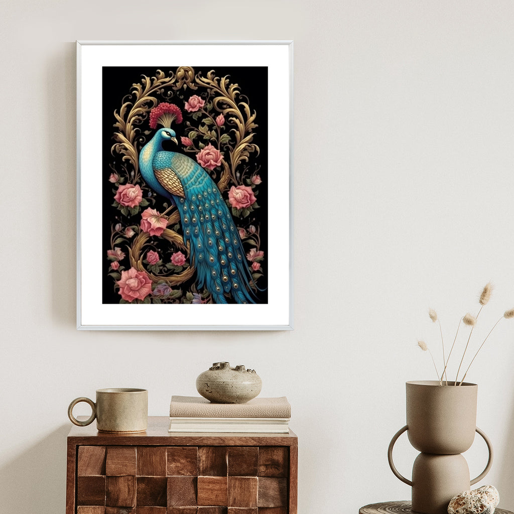 Plakat Egzotyczny Orientalny Wzór Z Pawiem I Roślinami Botanicznymi Rama Drewniana Z Passe-Partout Kolor Naturalny