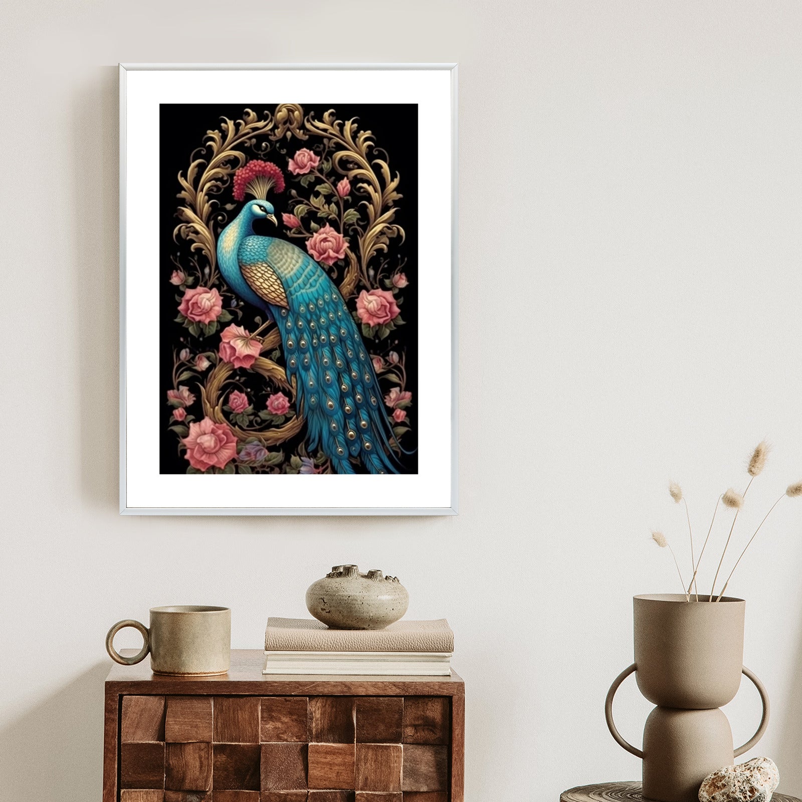 Plakat Egzotyczny Orientalny Wzór Z Pawiem I Roślinami Botanicznymi Rama Drewniana Z Passe-Partout Kolor Naturalny
