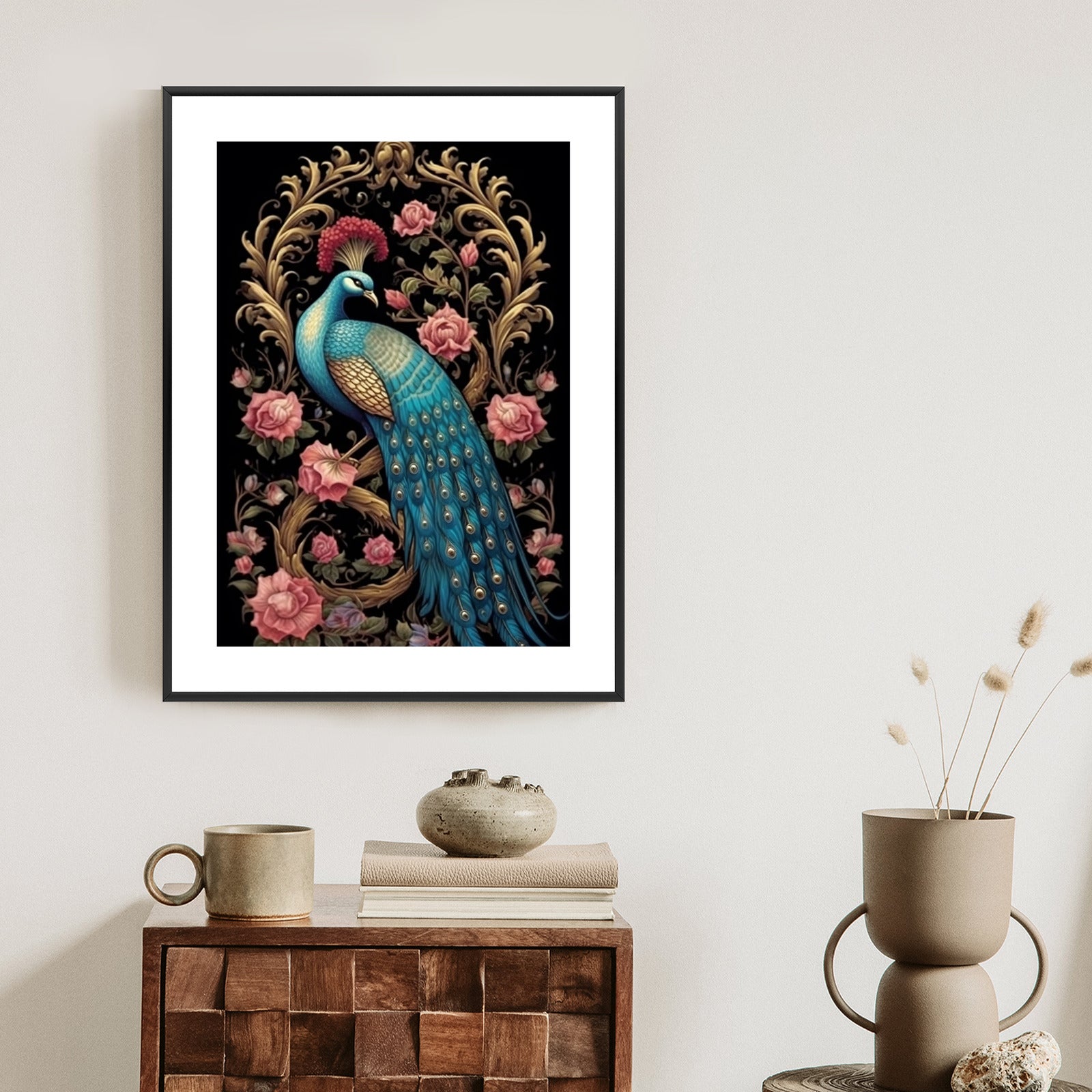Plakat Egzotyczny Orientalny Wzór Z Pawiem I Roślinami Botanicznymi Rama Drewniana Z Passe-Partout Kolor Naturalny