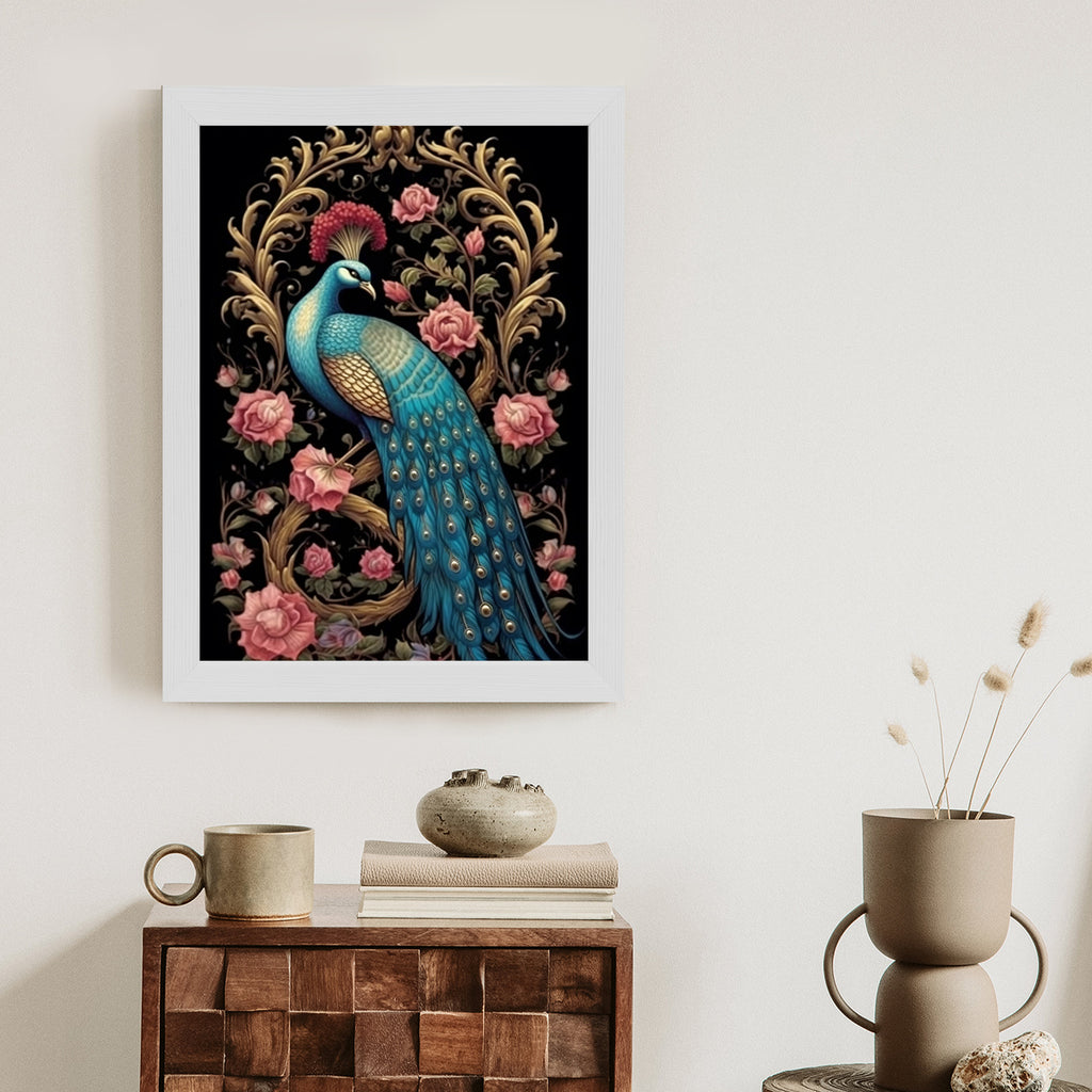 Plakat Egzotyczny Orientalny Wzór Z Pawiem I Roślinami Botanicznymi Rama Drewniana Z Passe-Partout Kolor Naturalny