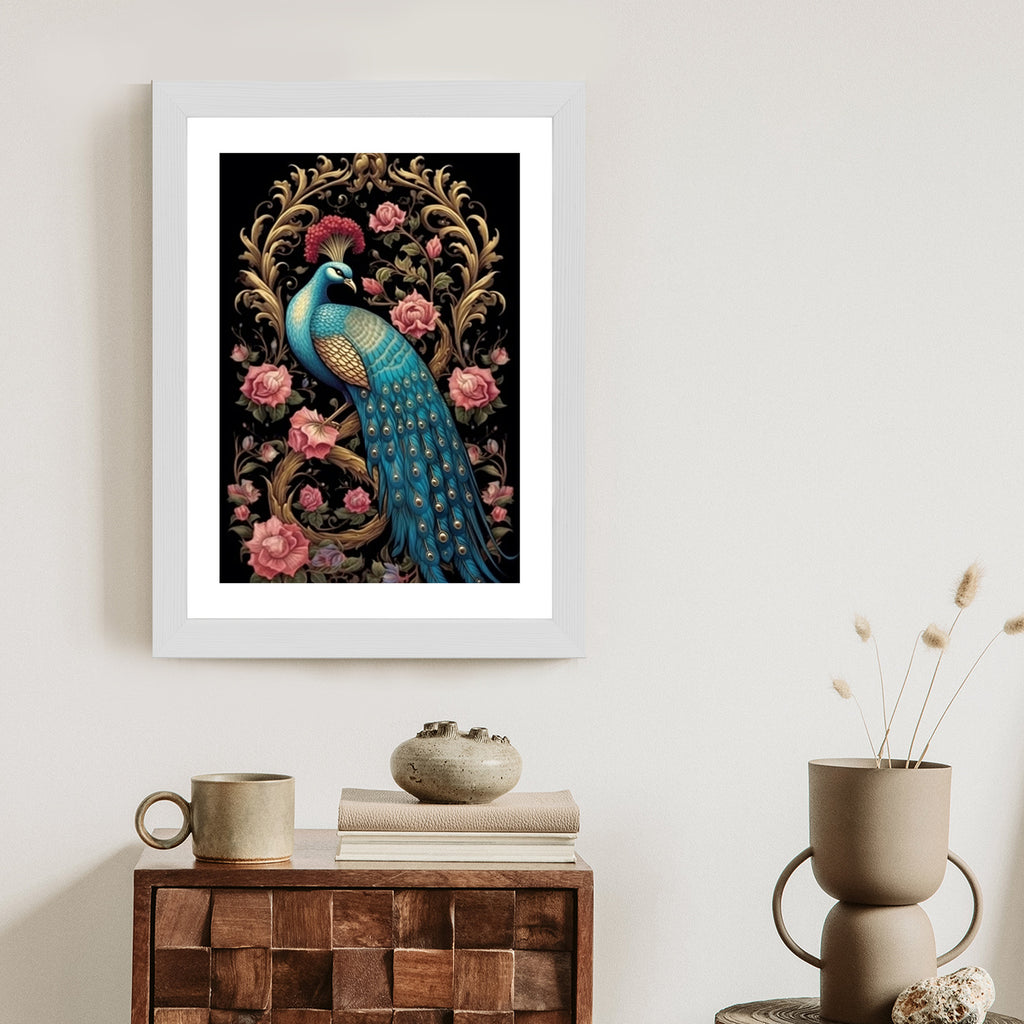 Plakat Egzotyczny Orientalny Wzór Z Pawiem I Roślinami Botanicznymi Rama Drewniana Z Passe-Partout Kolor Naturalny