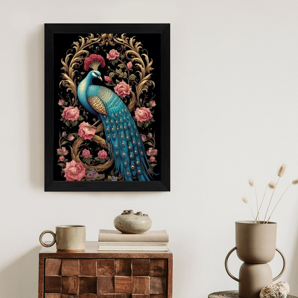 Plakat Egzotyczny Orientalny Wzór Z Pawiem I Roślinami Botanicznymi Rama Drewniana Z Passe-Partout Kolor Naturalny