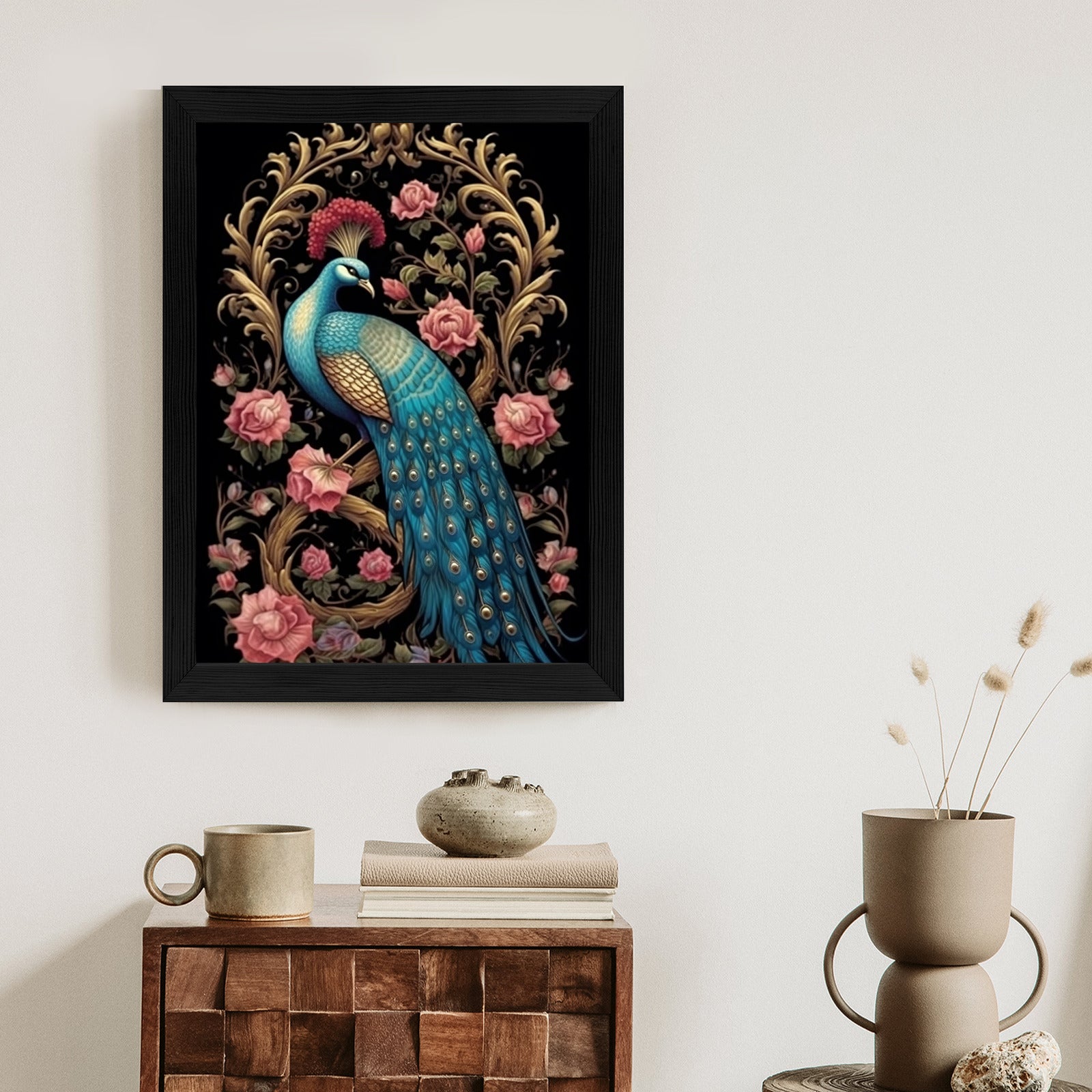 Plakat Egzotyczny Orientalny Wzór Z Pawiem I Roślinami Botanicznymi Rama Drewniana Z Passe-Partout Kolor Naturalny