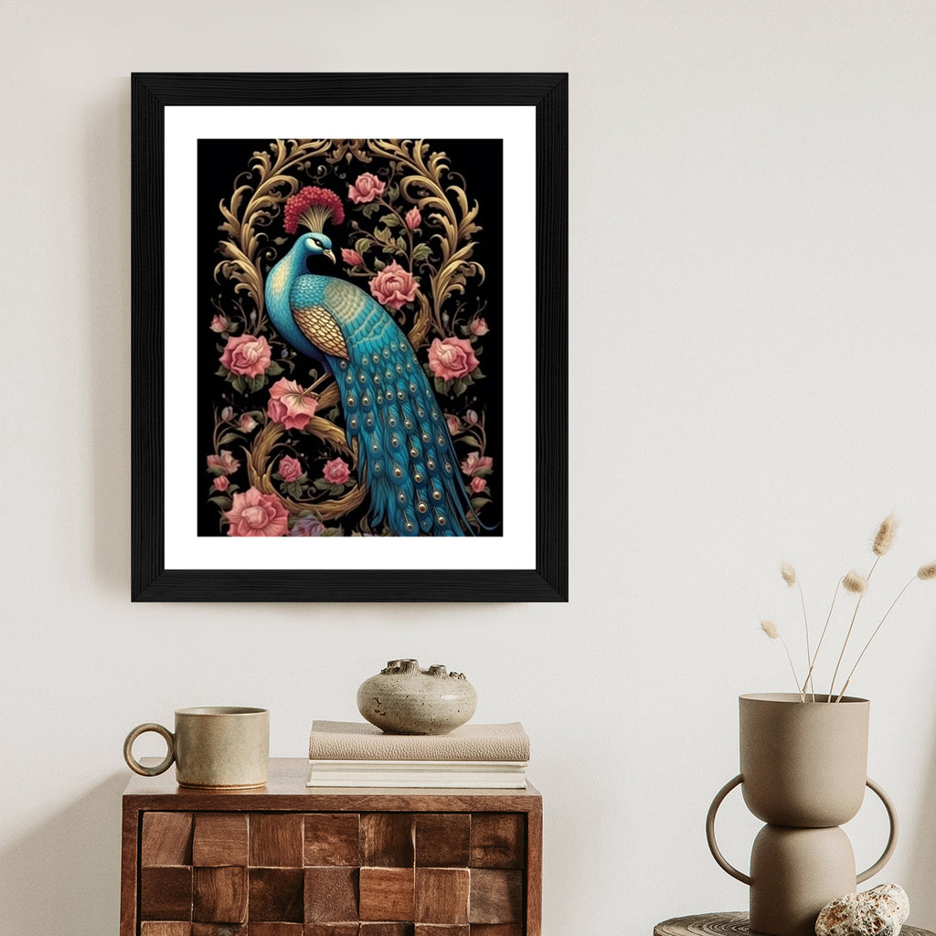 Plakat Egzotyczny Orientalny Wzór Z Pawiem I Roślinami Botanicznymi Rama Drewniana Z Passe-Partout Kolor Naturalny