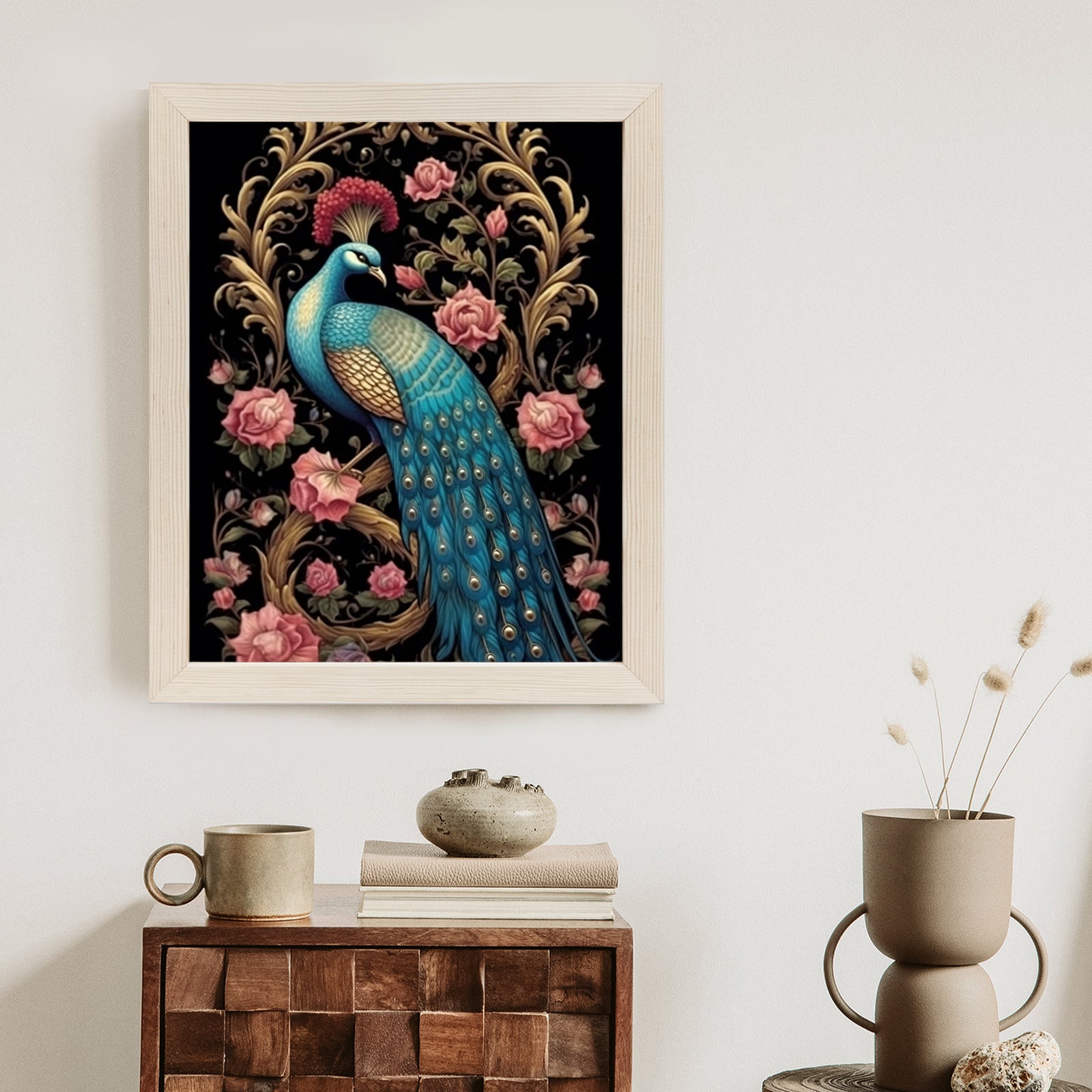 Plakat Egzotyczny Orientalny Wzór Z Pawiem I Roślinami Botanicznymi Rama Drewniana Z Passe-Partout Kolor Naturalny