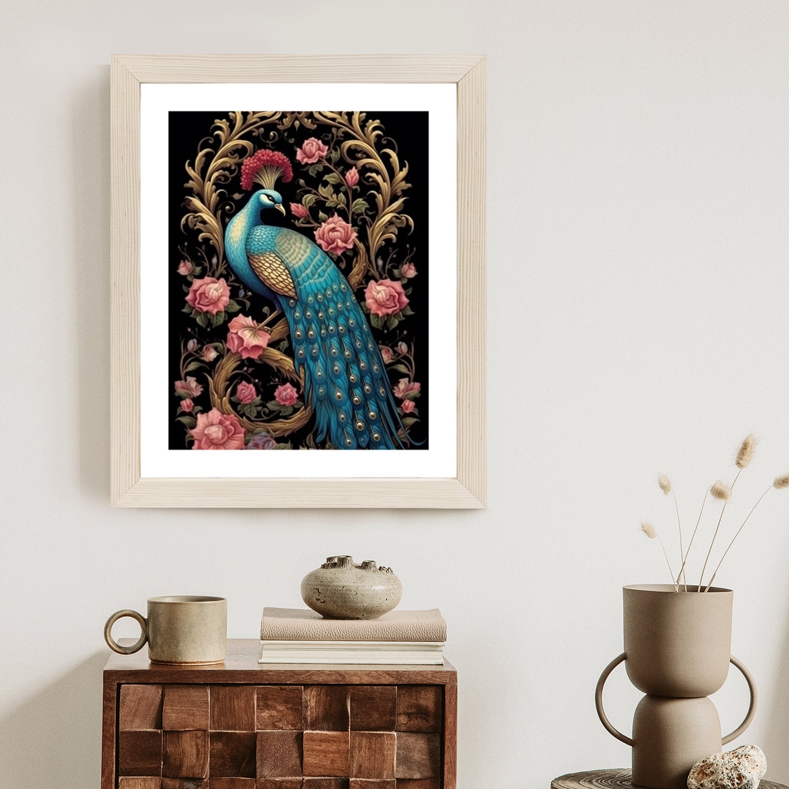 Plakat Egzotyczny Orientalny Wzór Z Pawiem I Roślinami Botanicznymi Rama Drewniana Z Passe-Partout Kolor Naturalny
