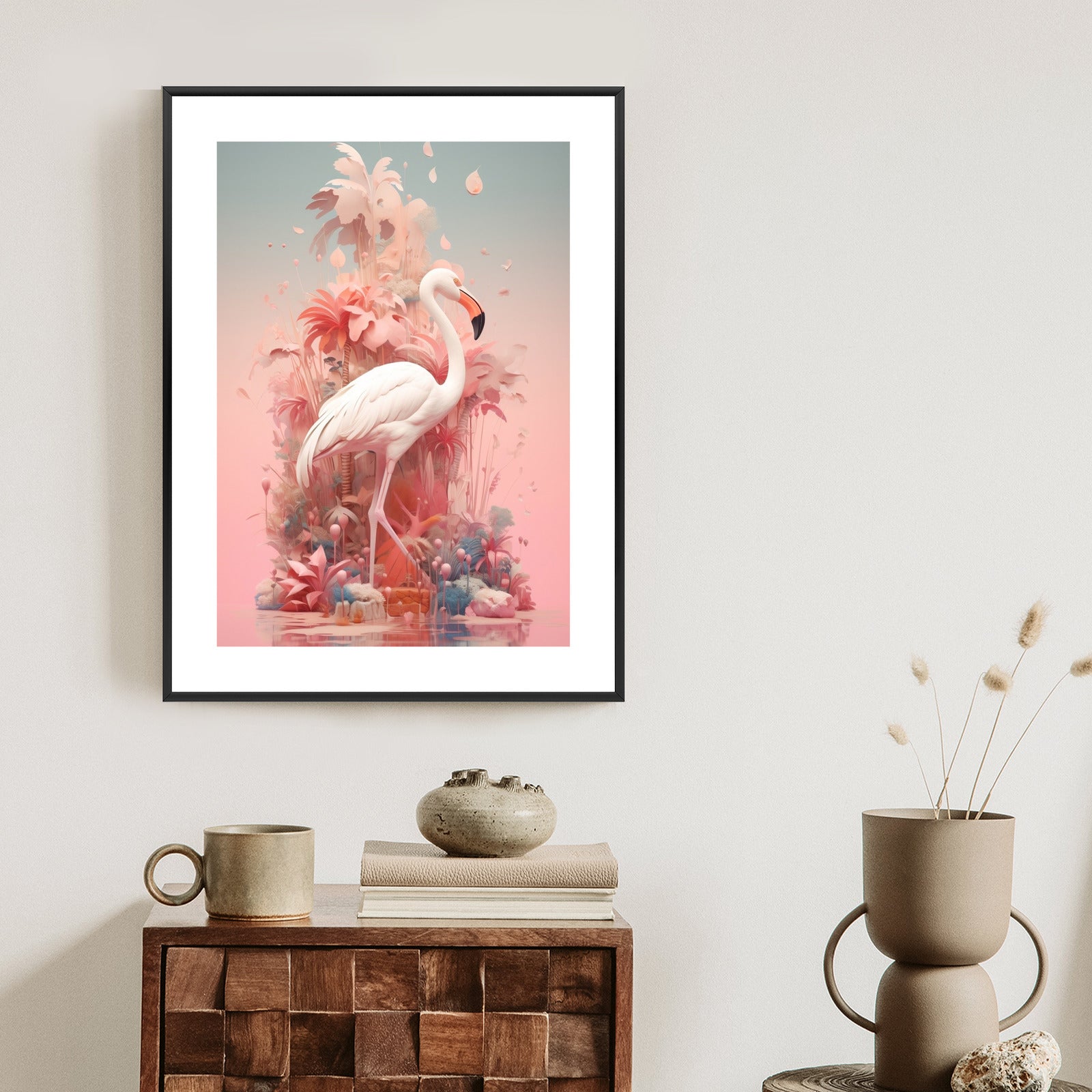 Plakat Surrealistyczna Ilustracja Z Flamingiem Rama Drewniana Z Passe-Partout Kolor Naturalny