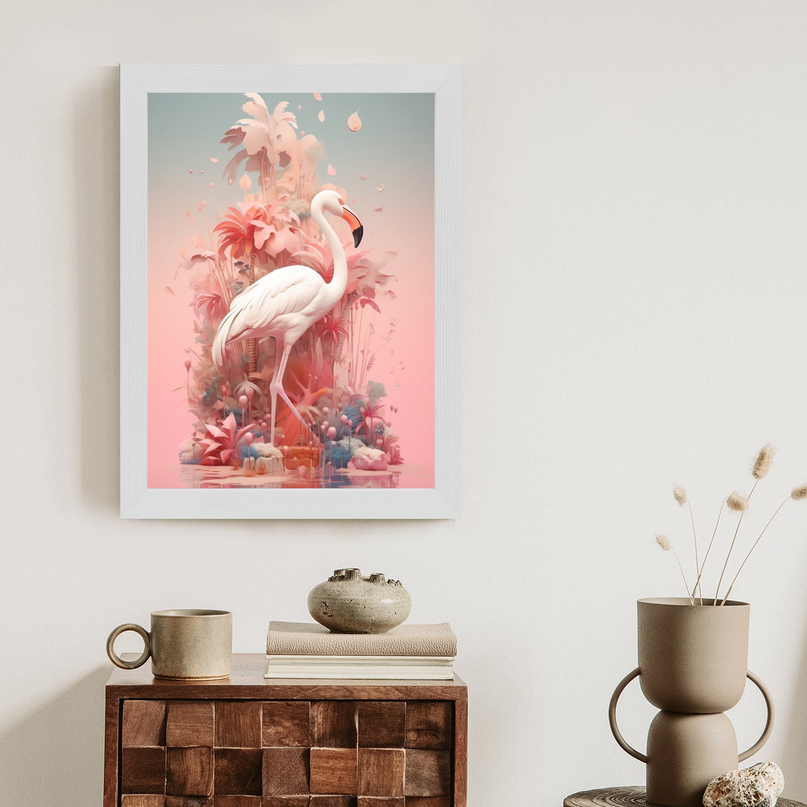 Plakat Surrealistyczna Ilustracja Z Flamingiem Rama Drewniana Z Passe-Partout Kolor Naturalny