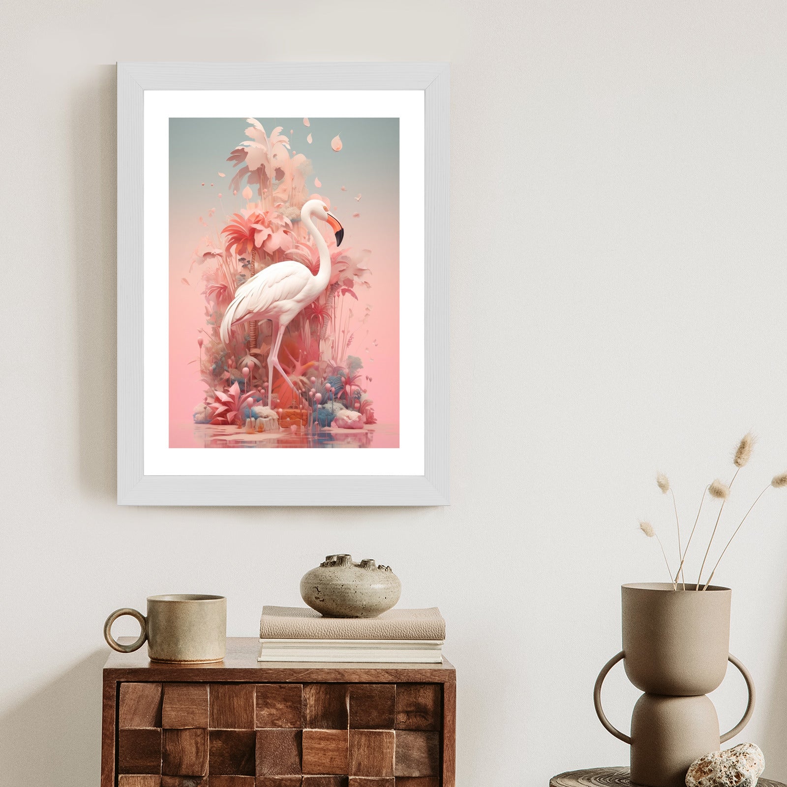 Plakat Surrealistyczna Ilustracja Z Flamingiem Rama Drewniana Z Passe-Partout Kolor Naturalny