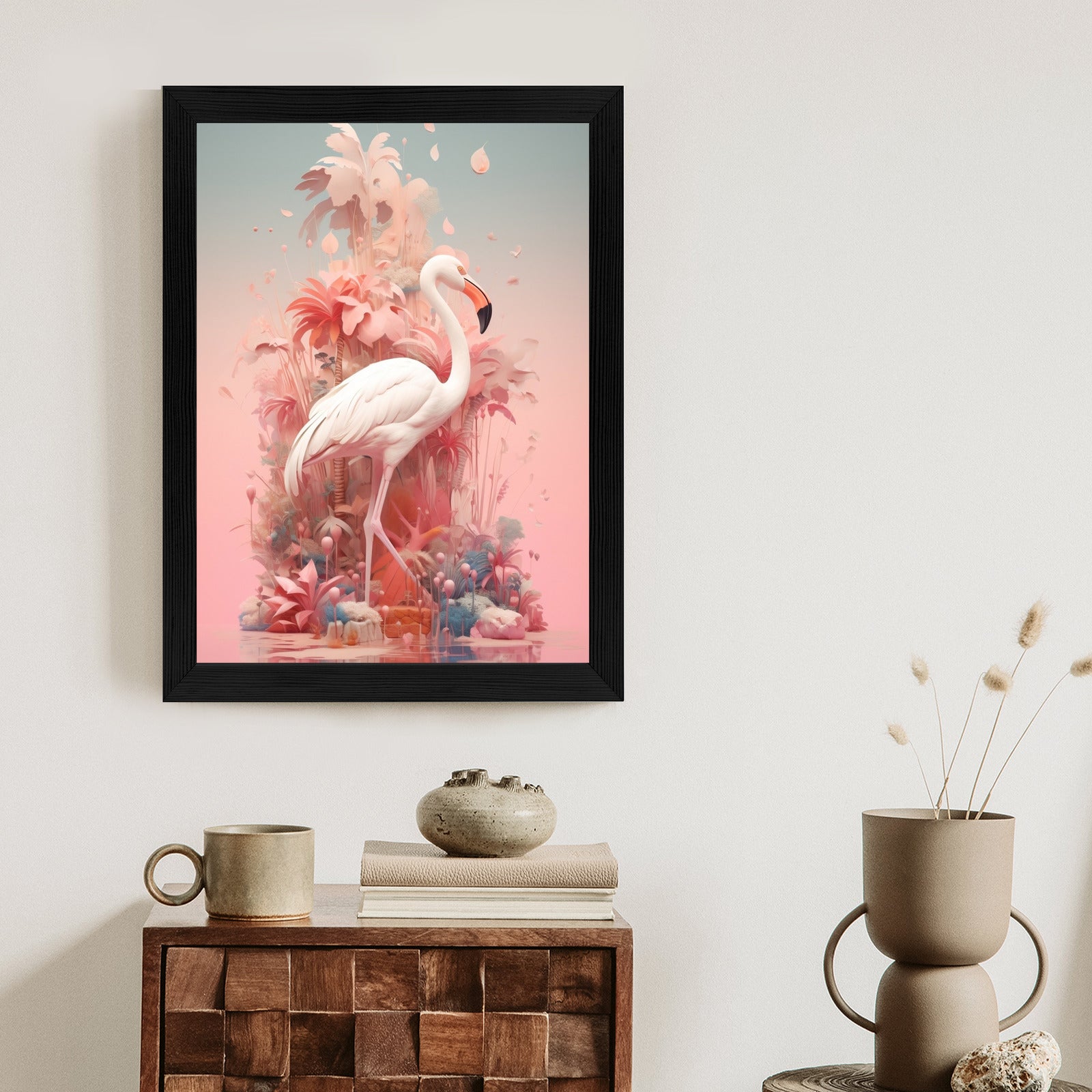 Plakat Surrealistyczna Ilustracja Z Flamingiem Rama Drewniana Z Passe-Partout Kolor Naturalny