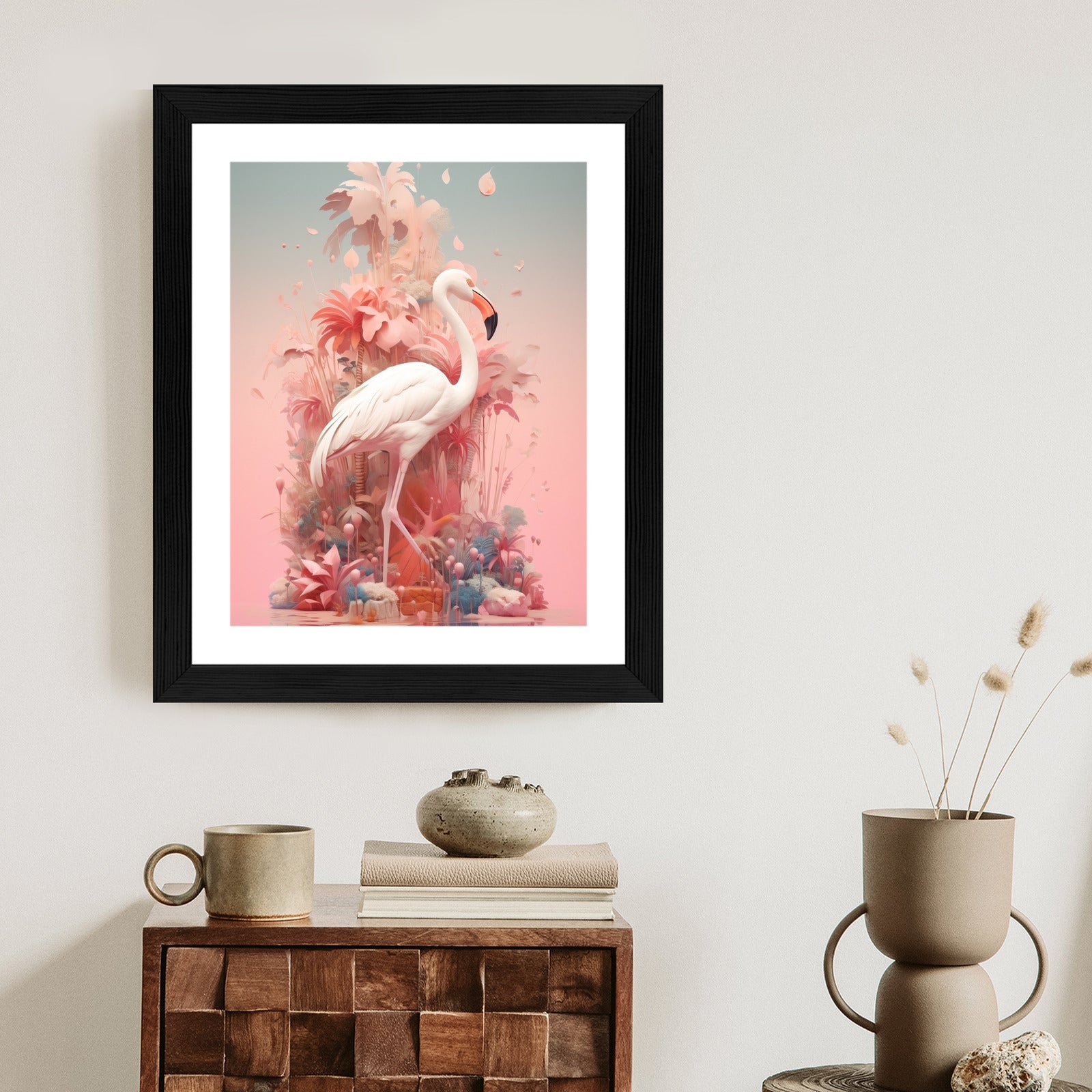 Plakat Surrealistyczna Ilustracja Z Flamingiem Rama Drewniana Z Passe-Partout Kolor Naturalny