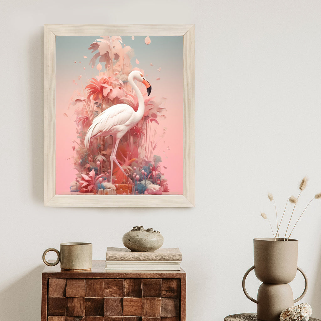 Plakat Surrealistyczna Ilustracja Z Flamingiem Rama Drewniana Z Passe-Partout Kolor Naturalny