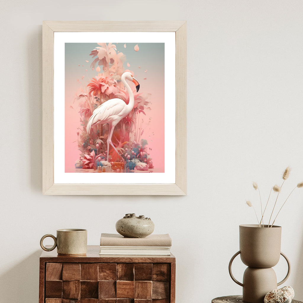 Plakat Surrealistyczna Ilustracja Z Flamingiem Rama Drewniana Z Passe-Partout Kolor Naturalny