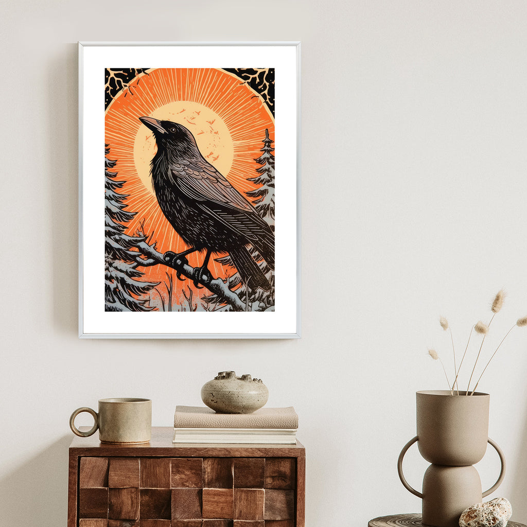 Plakat Grafika Z Krukiem W Zimie Rama Drewniana Z Passe-Partout Kolor Naturalny