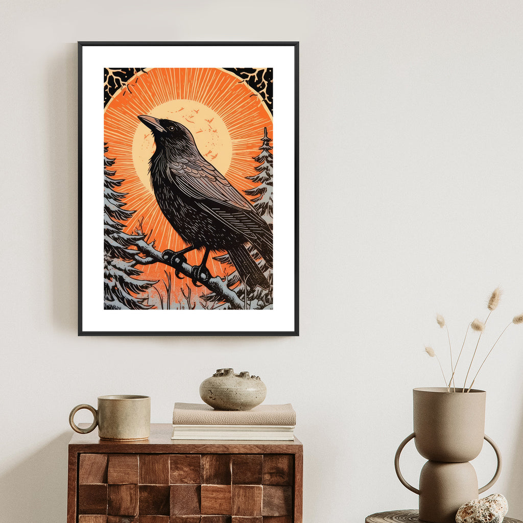 Plakat Grafika Z Krukiem W Zimie Rama Drewniana Z Passe-Partout Kolor Naturalny