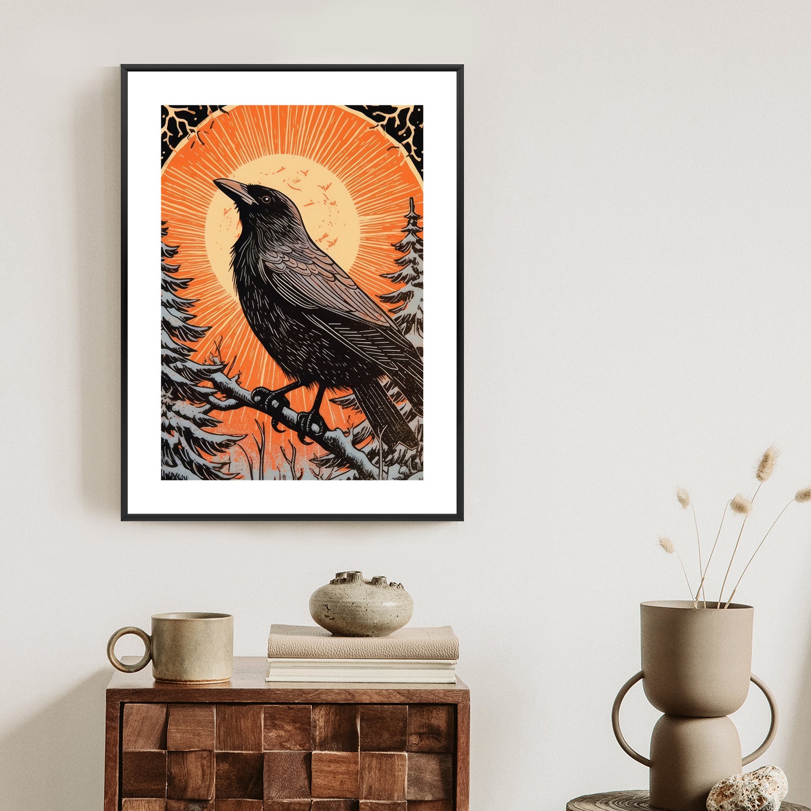 Plakat Grafika Z Krukiem W Zimie Rama Drewniana Z Passe-Partout Kolor Naturalny