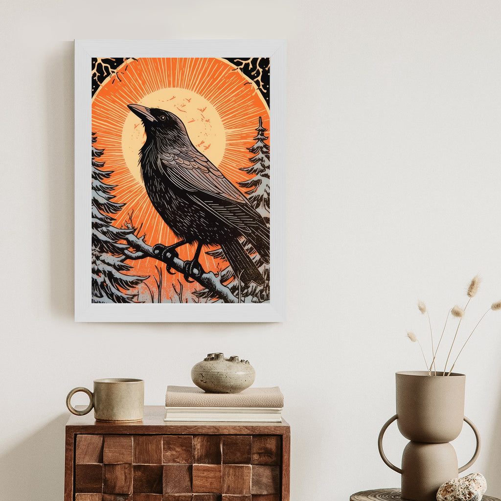 Plakat Grafika Z Krukiem W Zimie Rama Drewniana Z Passe-Partout Kolor Naturalny
