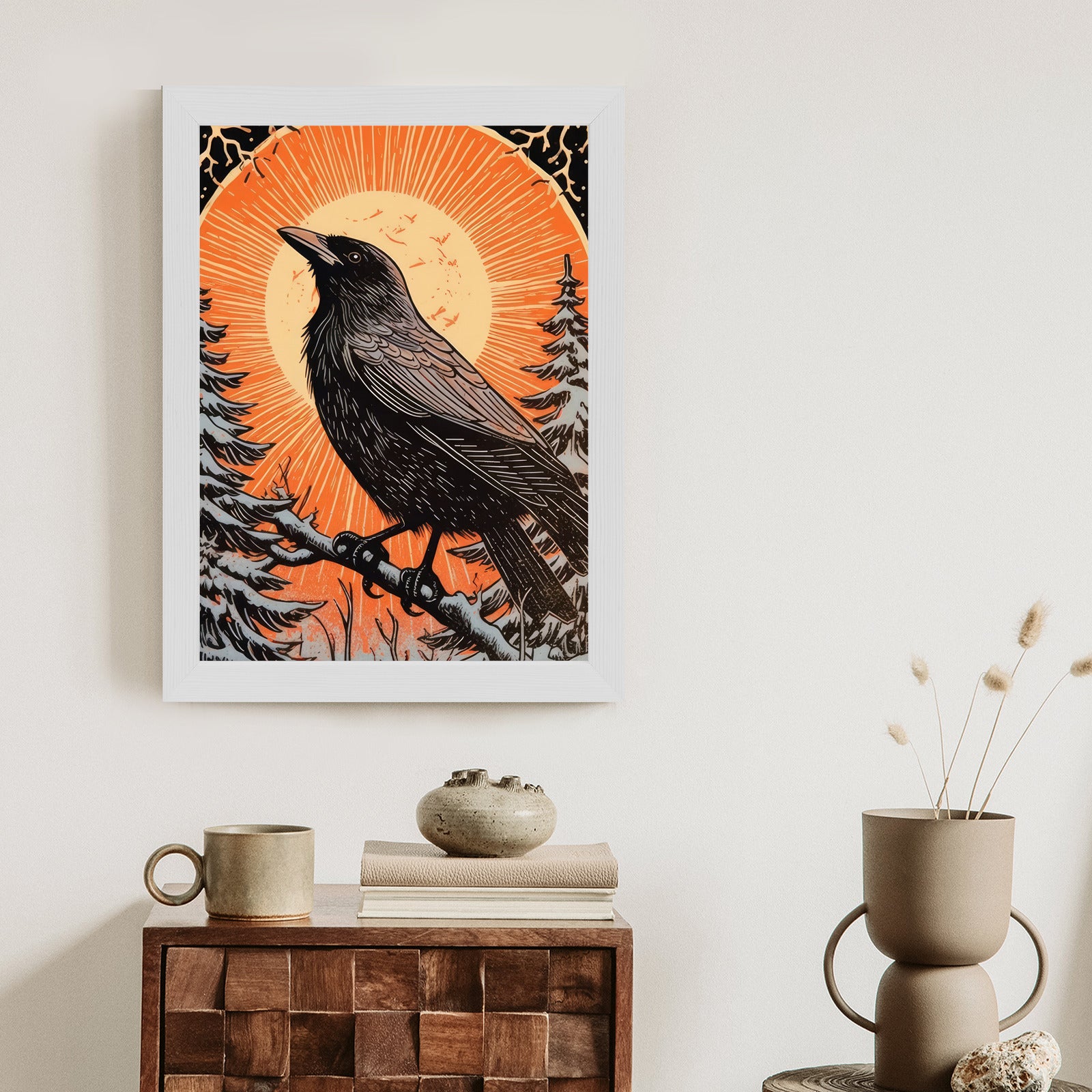 Plakat Grafika Z Krukiem W Zimie Rama Drewniana Z Passe-Partout Kolor Naturalny
