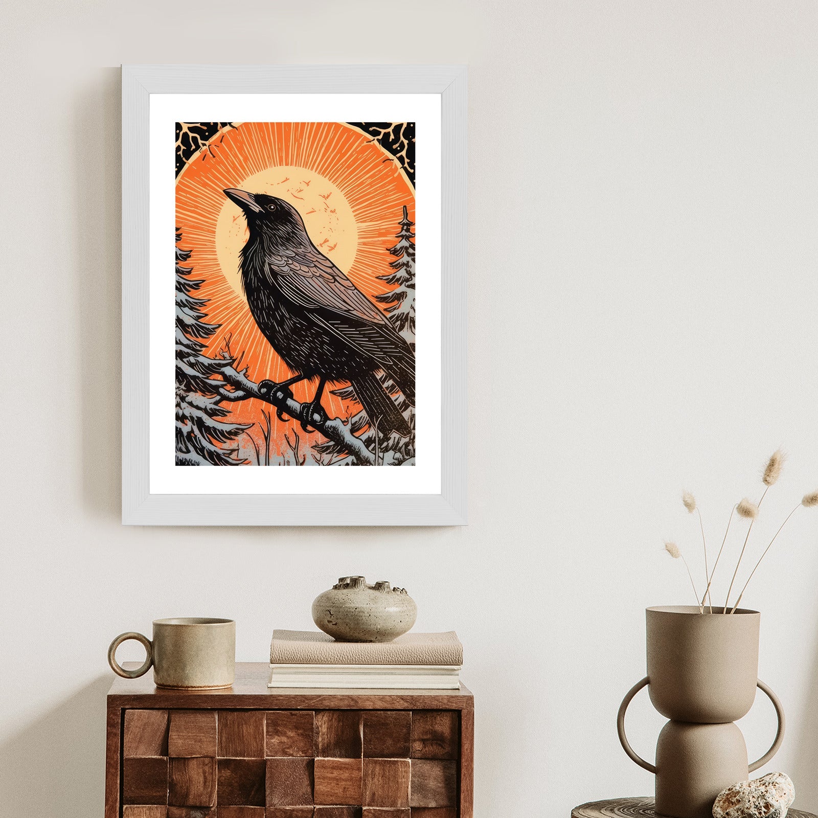 Plakat Grafika Z Krukiem W Zimie Rama Drewniana Z Passe-Partout Kolor Naturalny