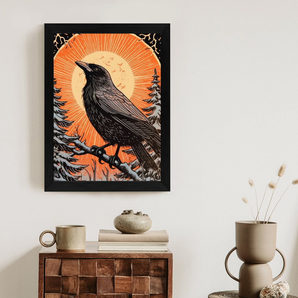 Plakat Grafika Z Krukiem W Zimie Rama Drewniana Z Passe-Partout Kolor Naturalny