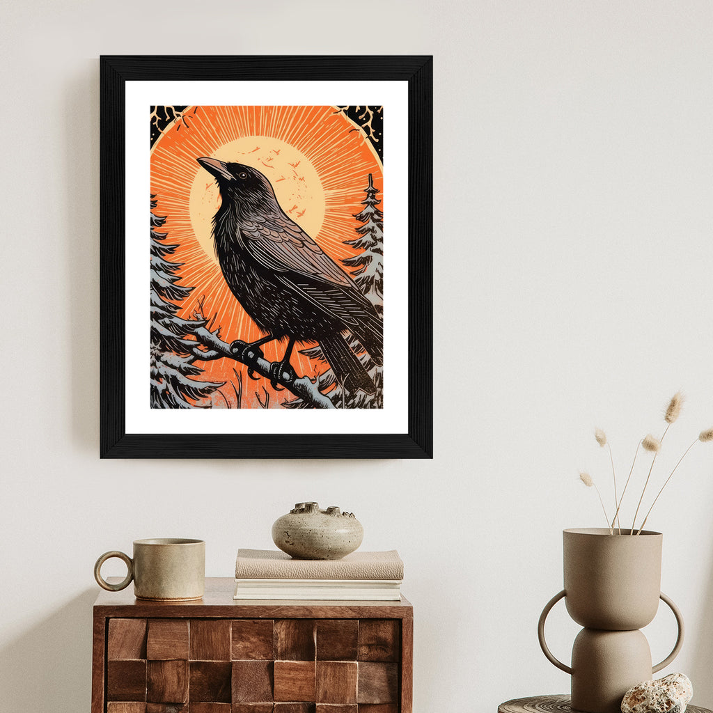 Plakat Grafika Z Krukiem W Zimie Rama Drewniana Z Passe-Partout Kolor Naturalny