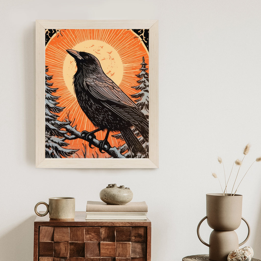 Plakat Grafika Z Krukiem W Zimie Rama Drewniana Z Passe-Partout Kolor Naturalny