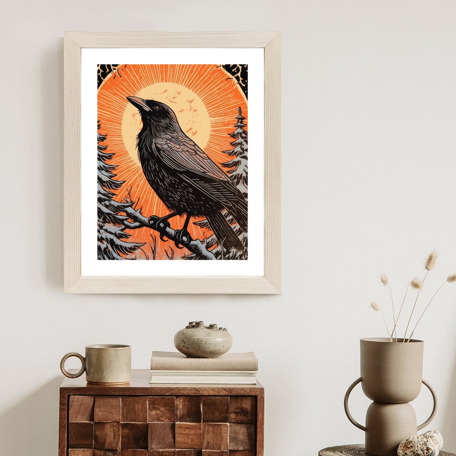 Plakat Grafika Z Krukiem W Zimie Rama Drewniana Z Passe-Partout Kolor Naturalny