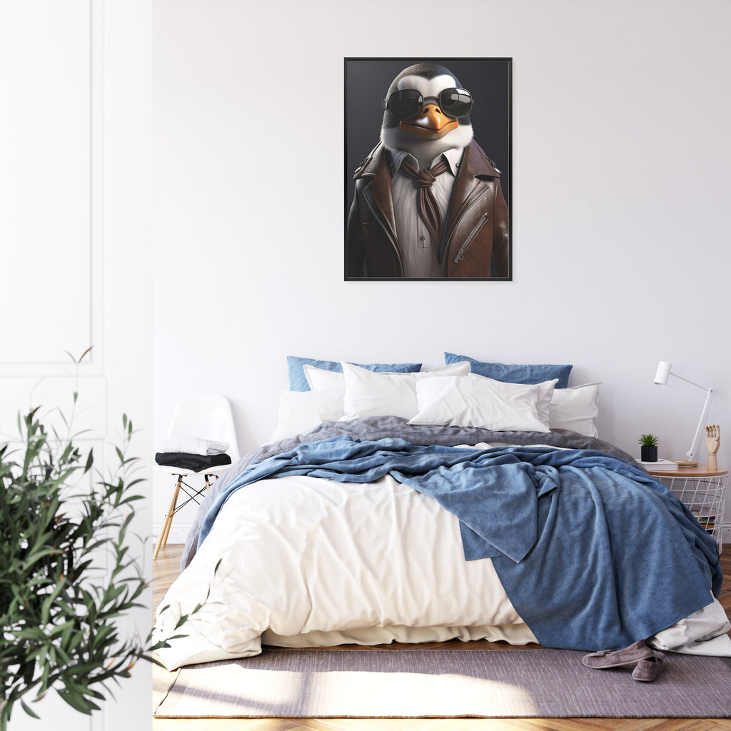 Plakat Pingwin W Skórzanej Kurtce Rama Drewniana Z Passe-Partout Kolor Naturalny