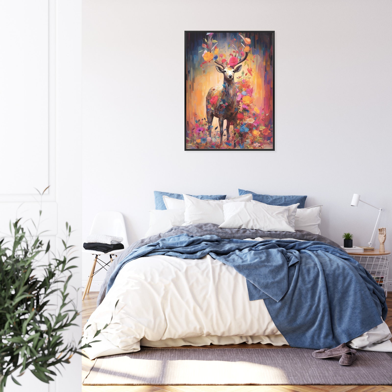 Plakat Animowany Jeleń Cały W Kwiatach Rama Drewniana Z Passe-Partout Kolor Naturalny