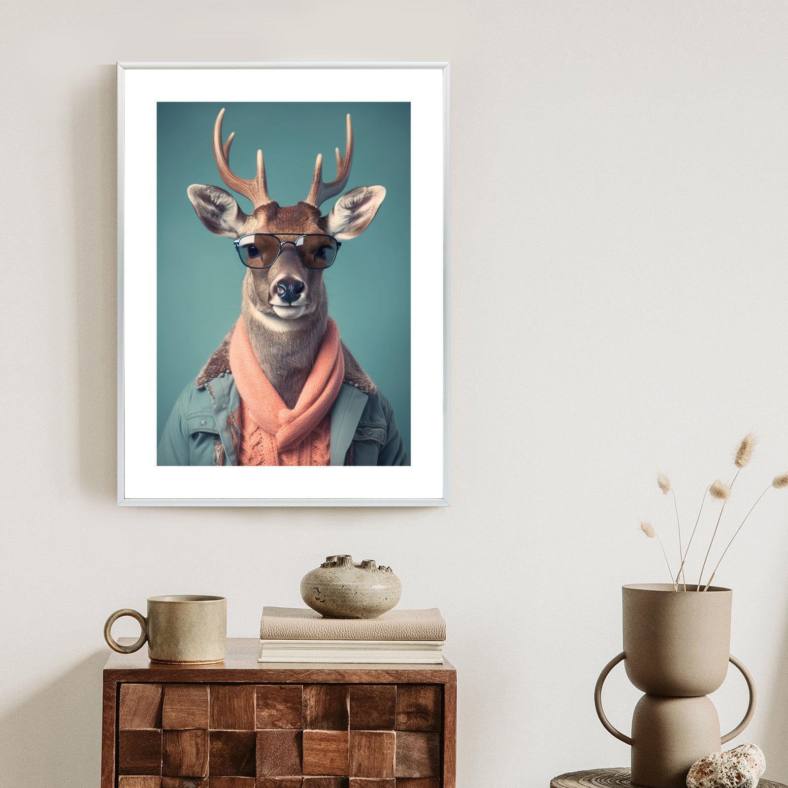 Plakat Jeleń W Modnym Stroju Rama Drewniana Z Passe-Partout Kolor Naturalny