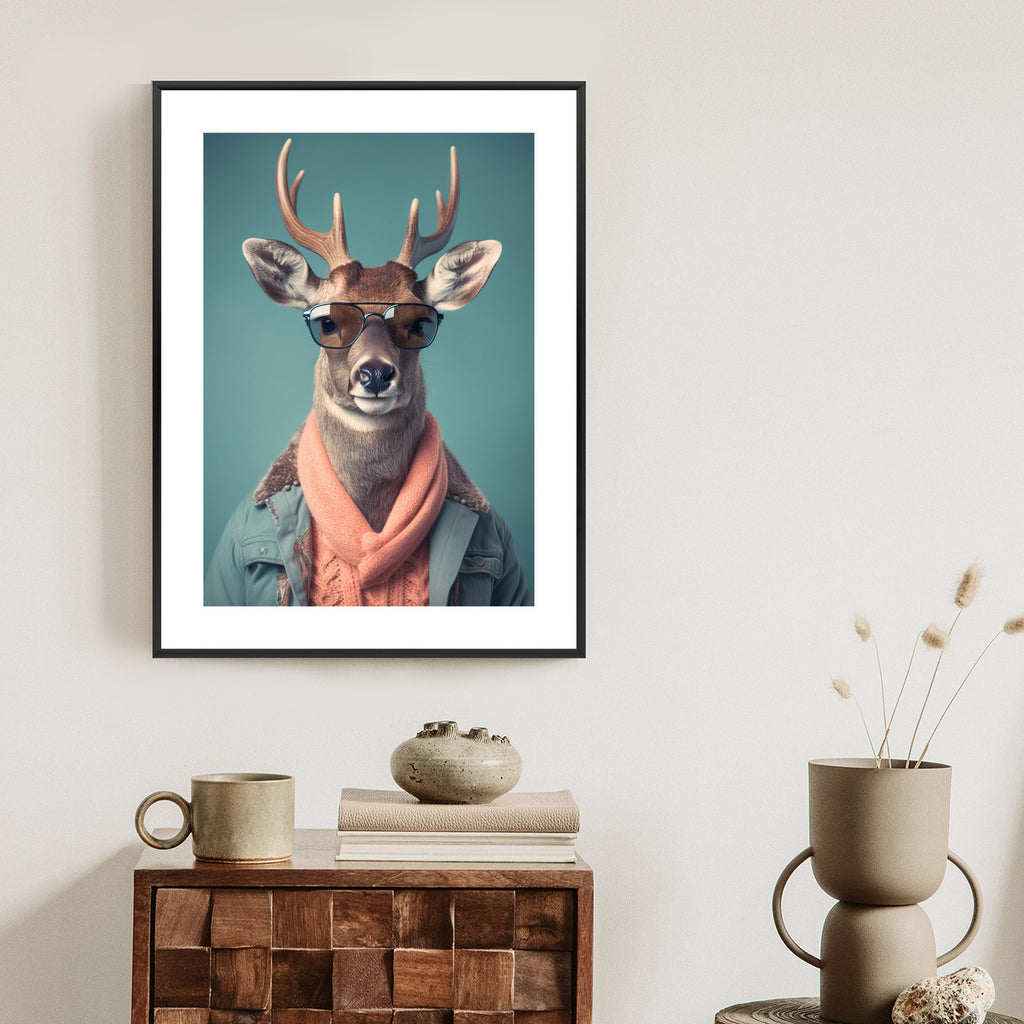 Plakat Jeleń W Modnym Stroju Rama Drewniana Z Passe-Partout Kolor Naturalny